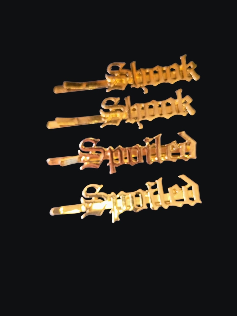 Gold Script Word Hair Clips - 'Spoiled' & 'Spooke' Set